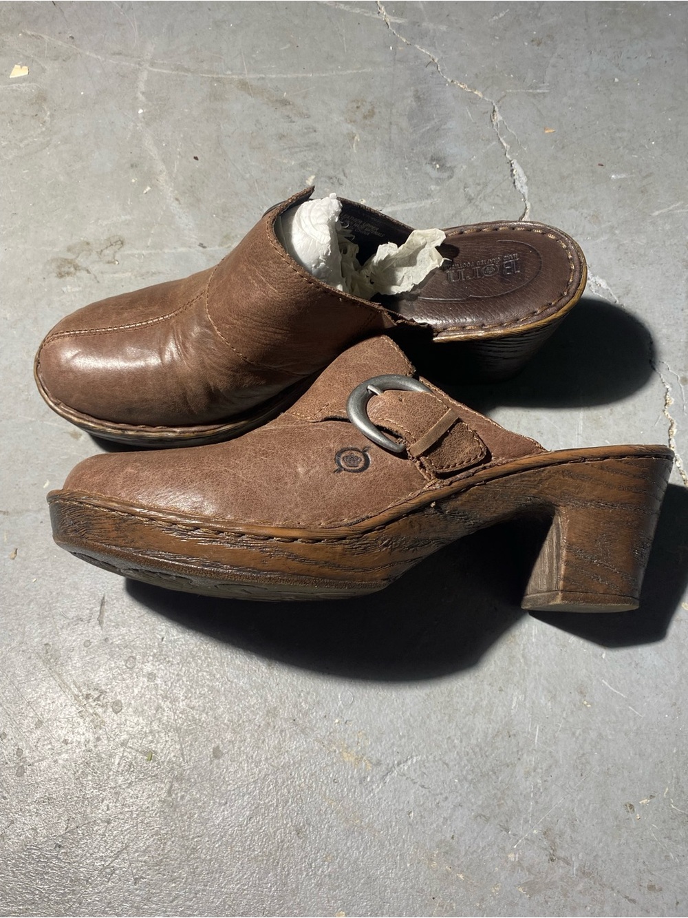 Born Brown Leather Buckle Strap Clog Mules with Block Heel